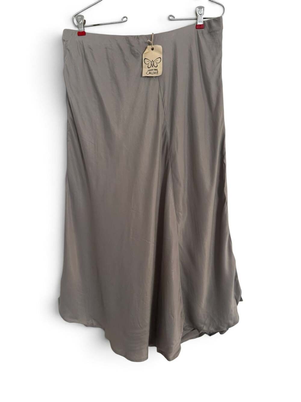 Johnny Was Calme Asymmetric Slip Skirt Size L Silver Satin Elastic Waist NWT